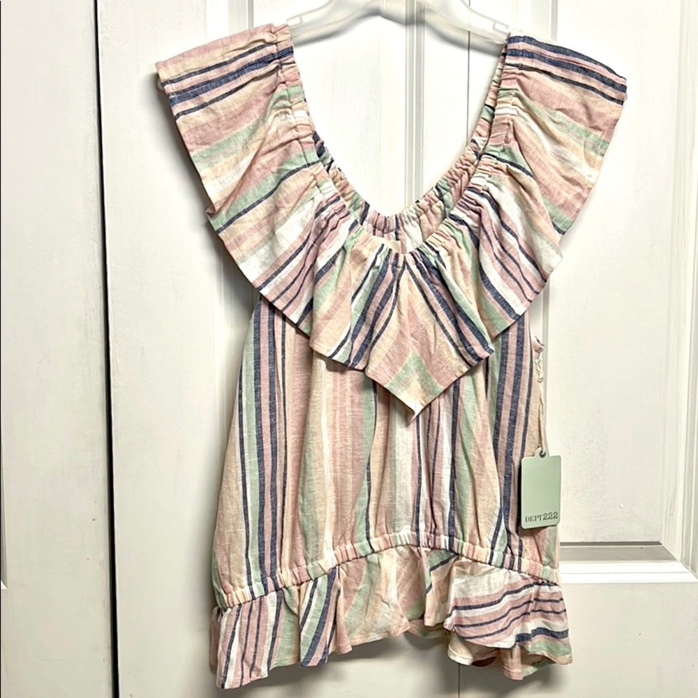 Dept 222 indigo Surf Strip Linen Blend Flutter Sleeve V neck Top Size L NWT
